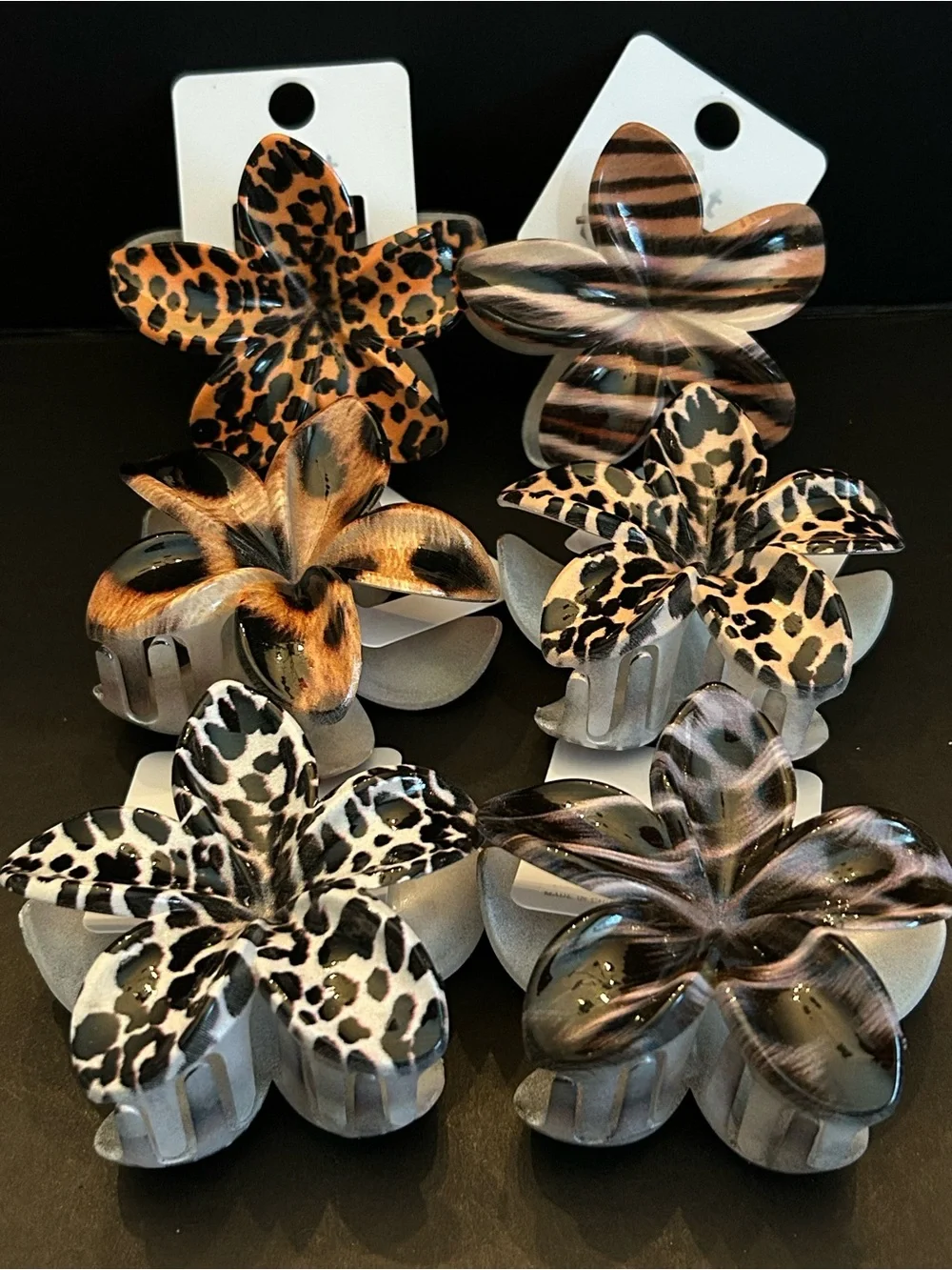 Mint Animal-Print Flower Hair Claw Clip Set of Six 6 - Black, Brown, Tan & Cream